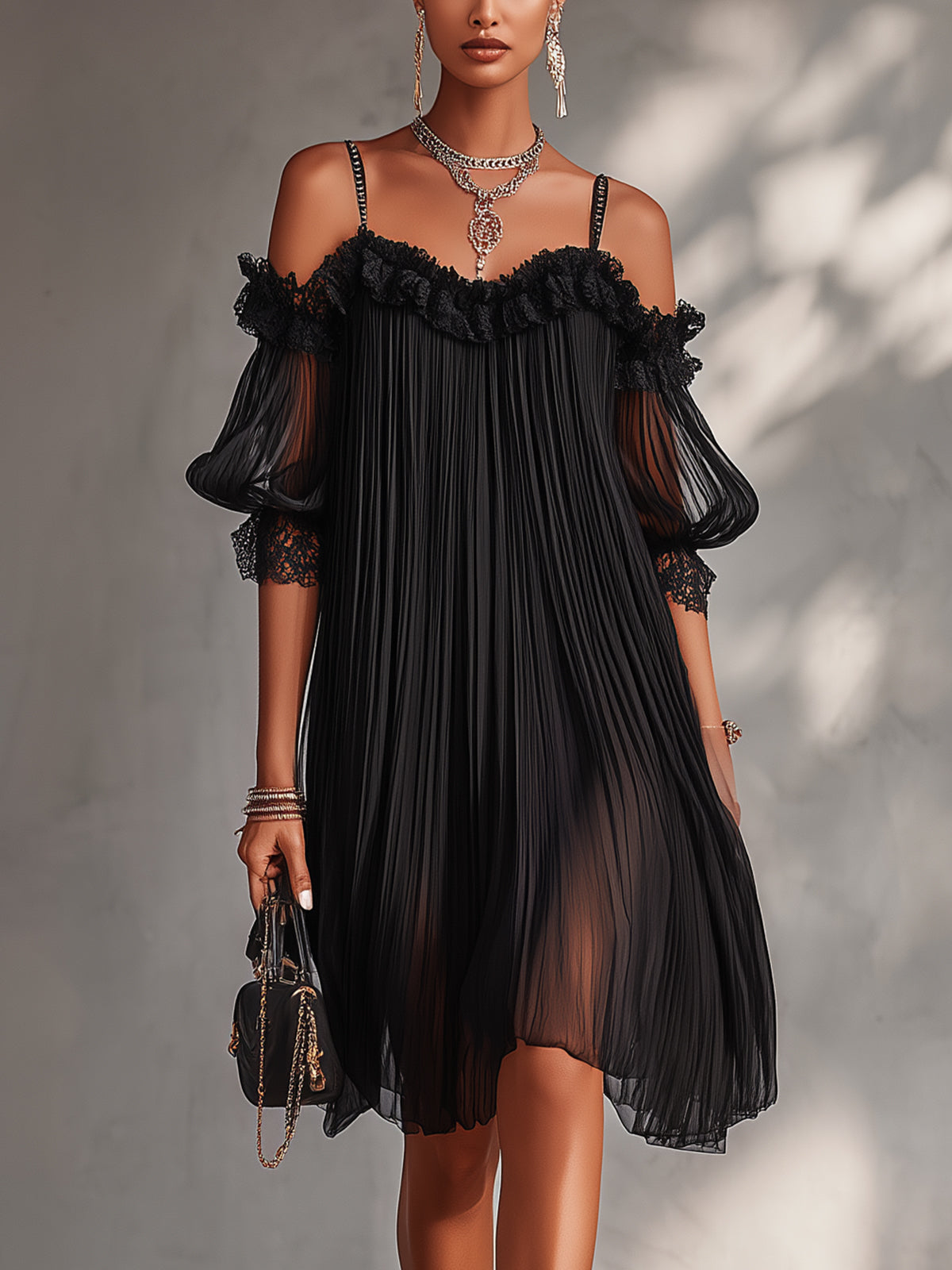Camille | Schwarzes Chiffon-Minikleid mit schulterfreien Trägern und Spitzenakzenten