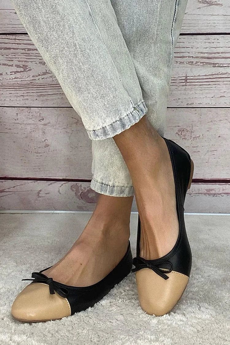 Schwarze Farbblock-Ballerinas mit runder Spitze und Schleife