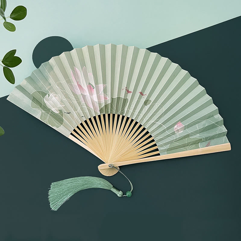 Handgefertigter Papier-Bambus-Faltfächer mit Buddha-Steinen, Lotusblumen, Blättern und Koi-Fischen