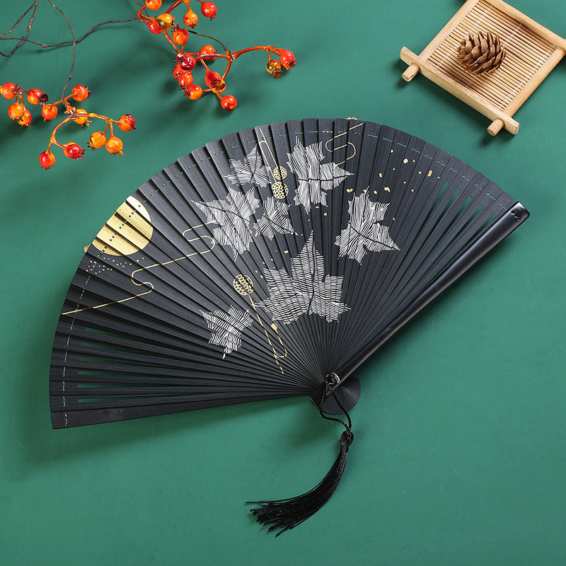 Vintage Buddha Stones Cloud Crane Maple Leaf Pattern Handcrafted Bamboo Folding Fan