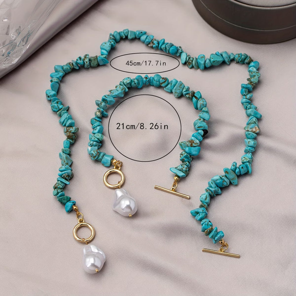 Türkis & Perlen Halsketten- und Armband-Set