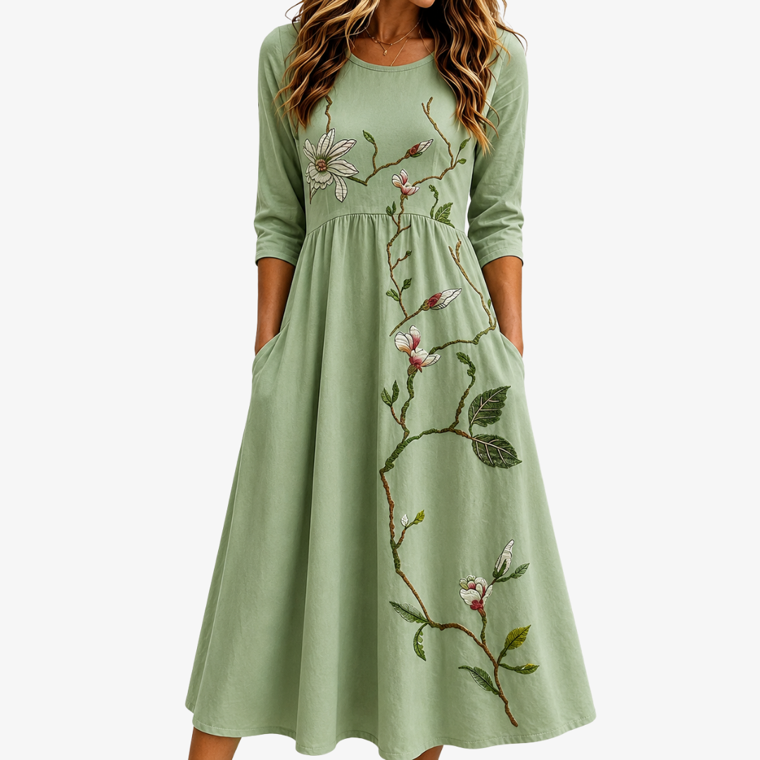 Blumenmuster Midi-Kleid in Salbeigrün