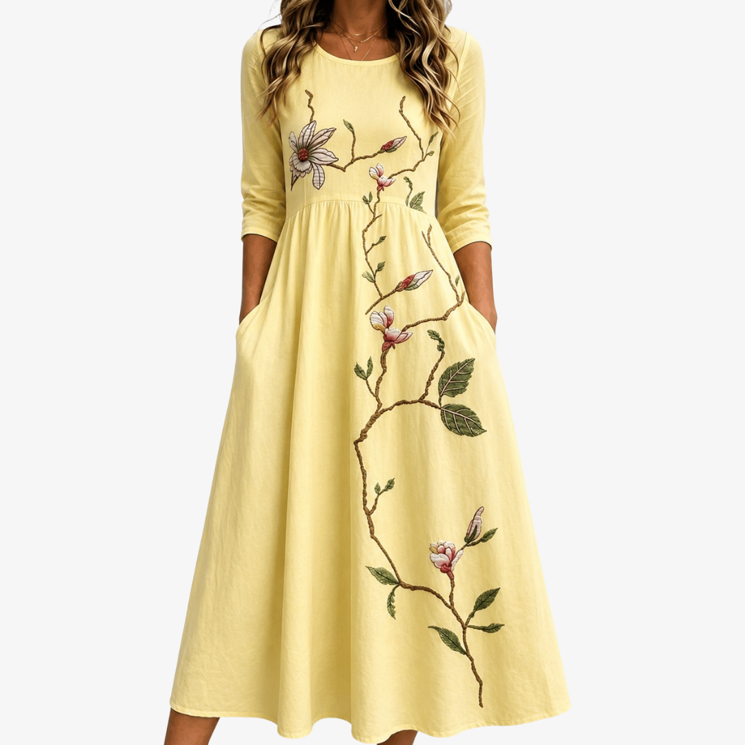 Midi Kleid mit Goldblumen und praktischen Taschen
