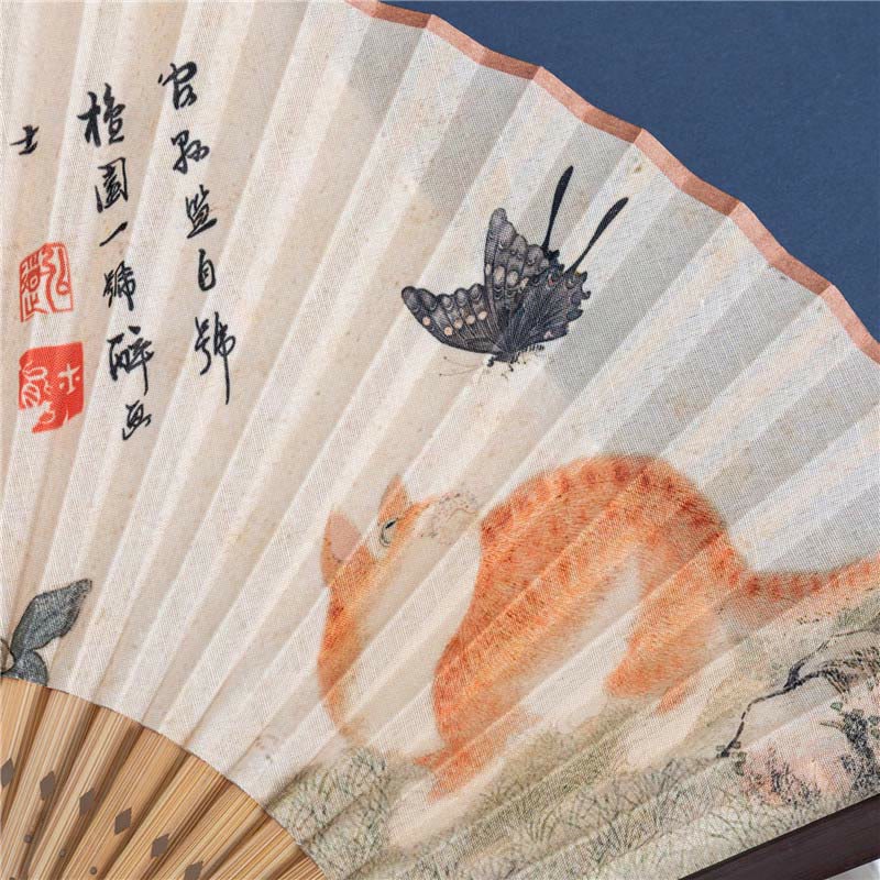 Buddha Butterfly Orchid Cat Handheld Cotton-Linen Bamboo Folding Fan - 22cm