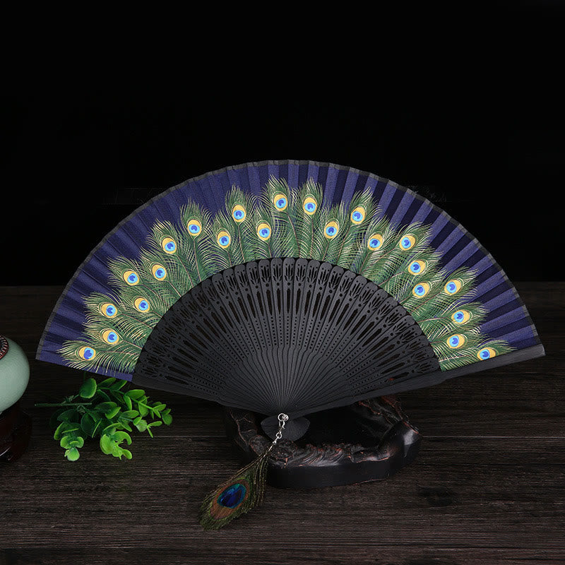 Buddha Stones Handheld Bamboo Folding Fan with Peacock Feather Design - 21.5 cm