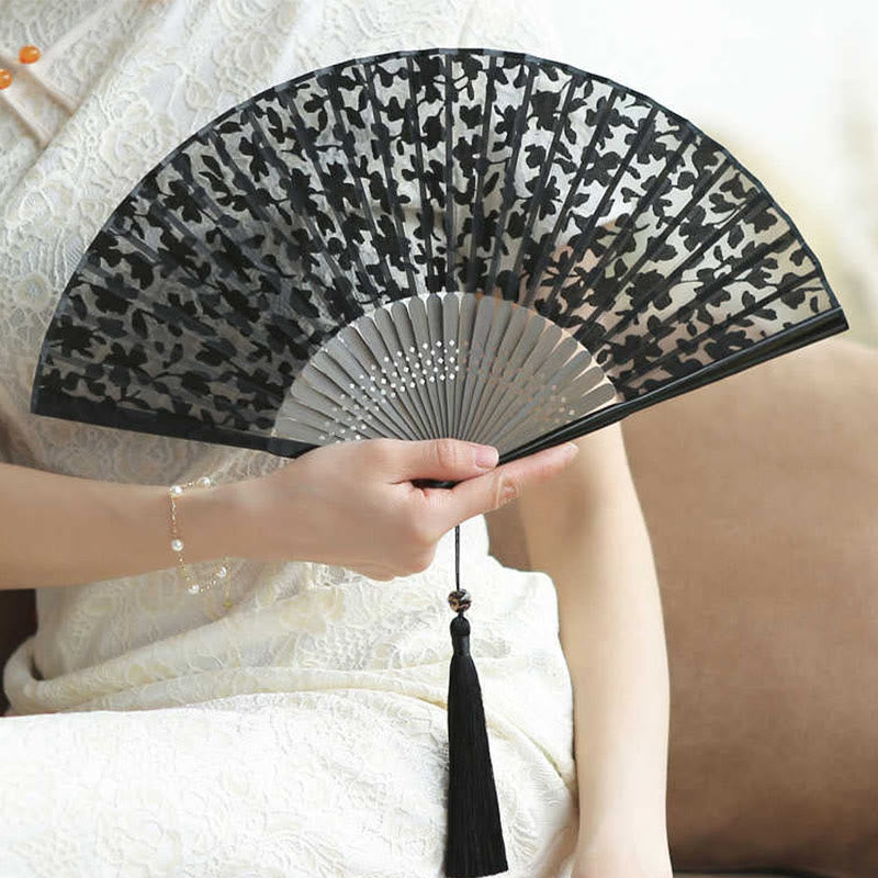 Retro Buddha Stones Floral Silk Handheld Bamboo Folding Fan
