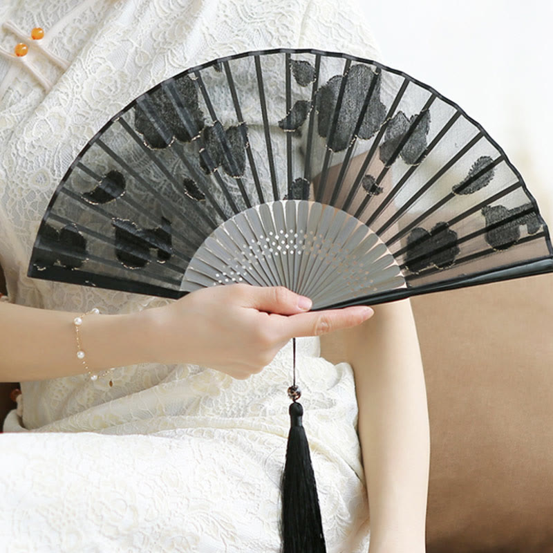 Retro Buddha Stones Floral Silk Handheld Bamboo Folding Fan