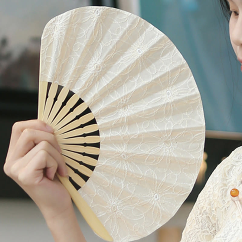 Retro Buddha Stones Large Floral Embroidery Shell-Shaped Tassel Handheld Bamboo Folding Fan