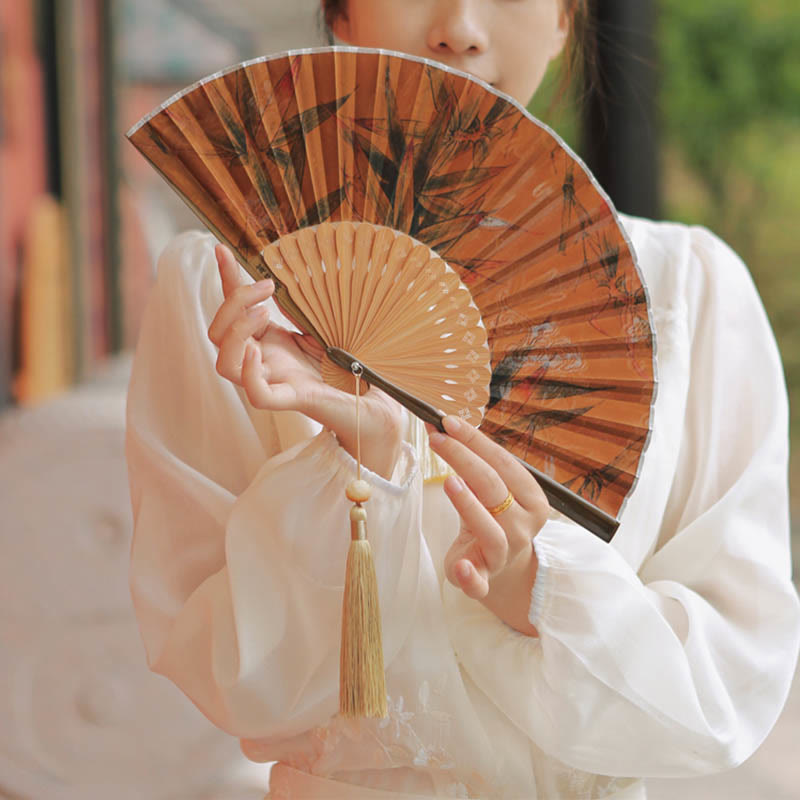 Buddha Stones Handcrafted Bamboo Fan with Floral Design, Kaki, Bamboo Leaves, and Xiangyunsha Silk