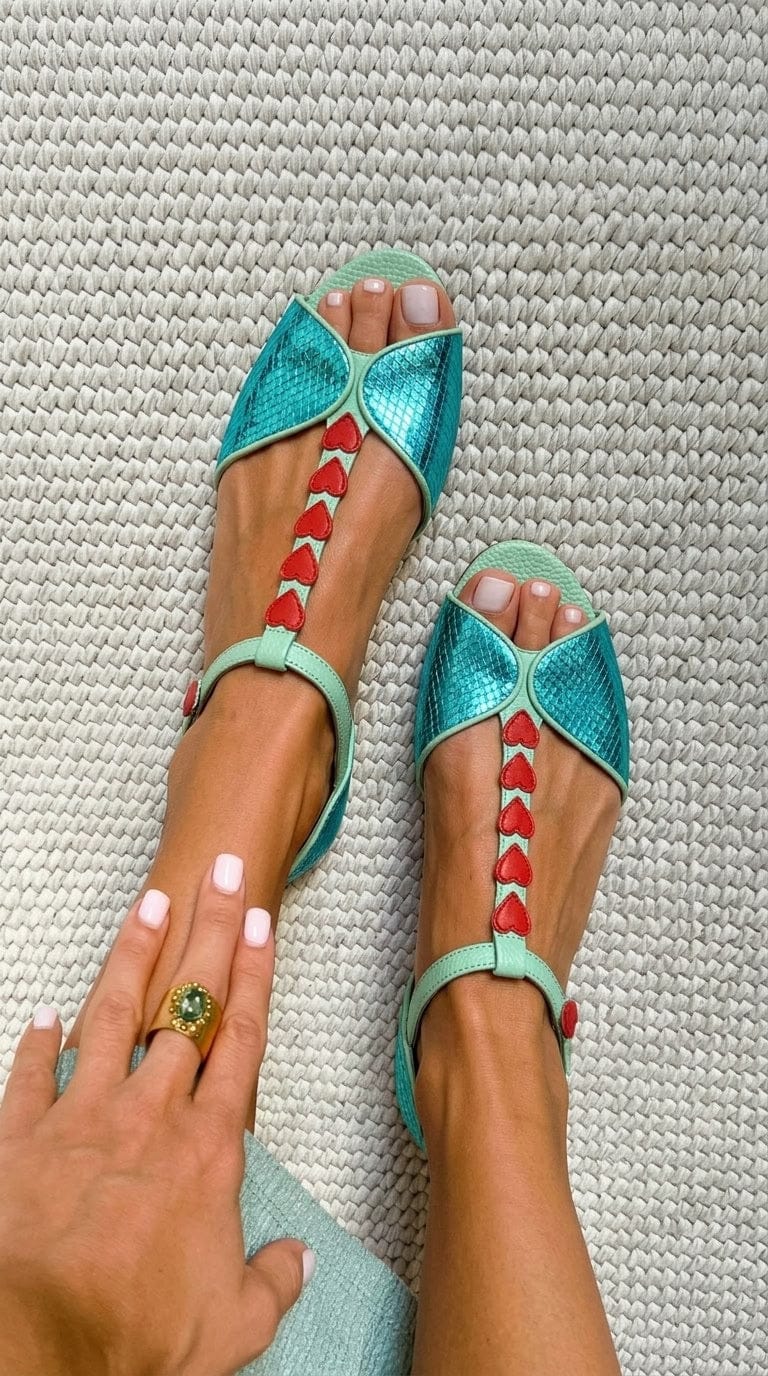 Petrol- und Rote Peep-Toe Sandalen mit Niedrigem Absatz, T-Riemen und Herz-Design
