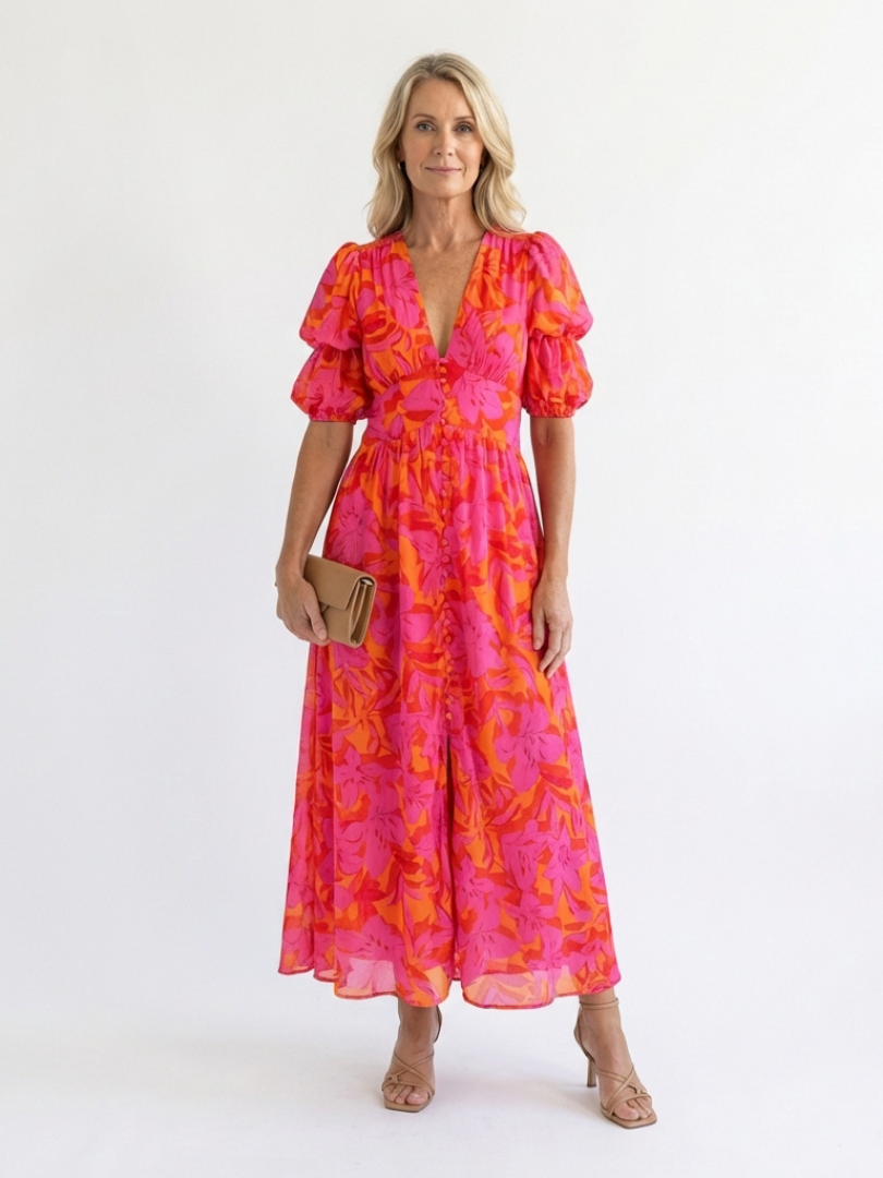Willow | Robe Midi à Manches Bouffantes et Col en V à Motif Floral