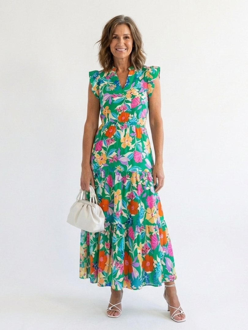 Lila | Robe midi à volants avec motif floral
