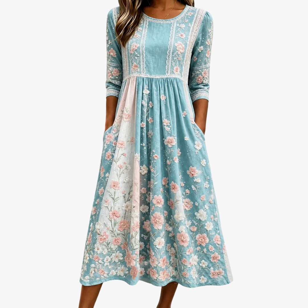 Frühlinghafte Midi-Kleid mit Patchwork-Blumenmuster