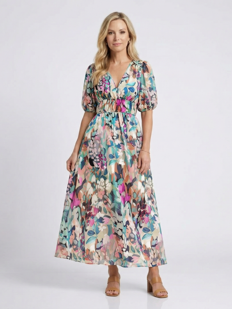 Eulalie | Robe midi à manches courtes avec taille froncée en V