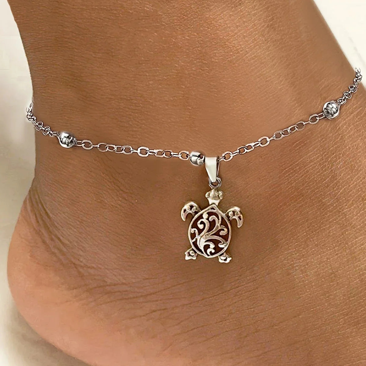 Boho-Turtle Fußkette mit runden, wasserfesten Perlen