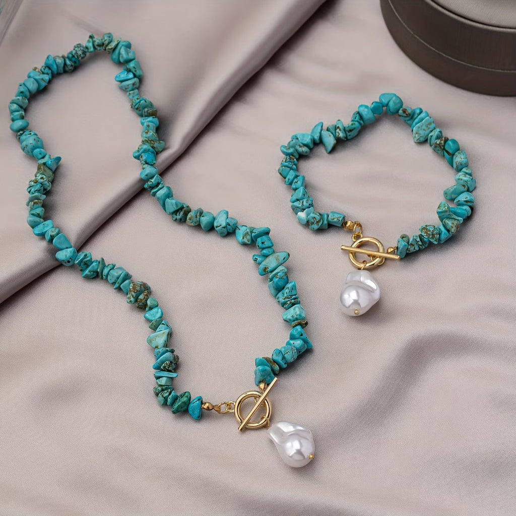 Türkis & Perlen Halsketten- und Armband-Set