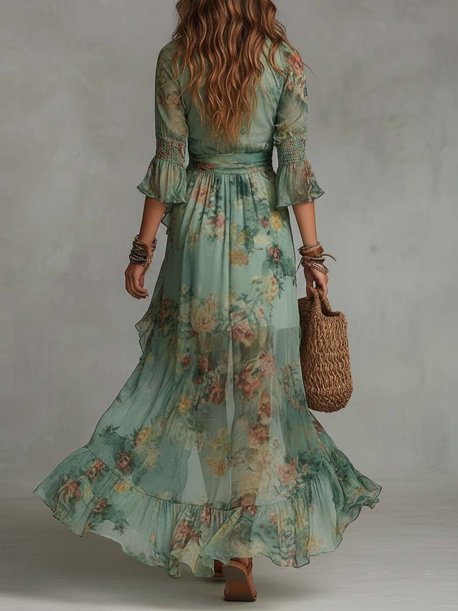 Aurora | Romantisches Maxi-Kleid mit floralem Design und asymmetrischem Saum