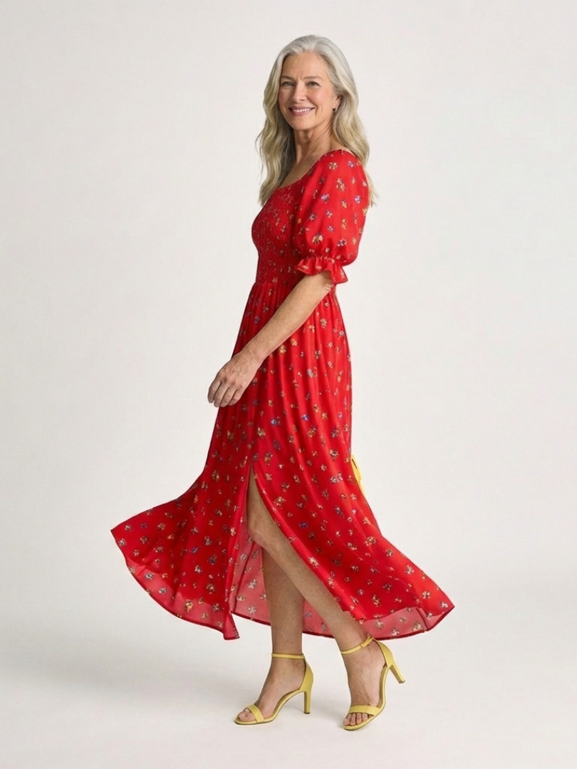Delphine | Robe Midi à Col Carré avec Manches Bouffantes et Motif Floral