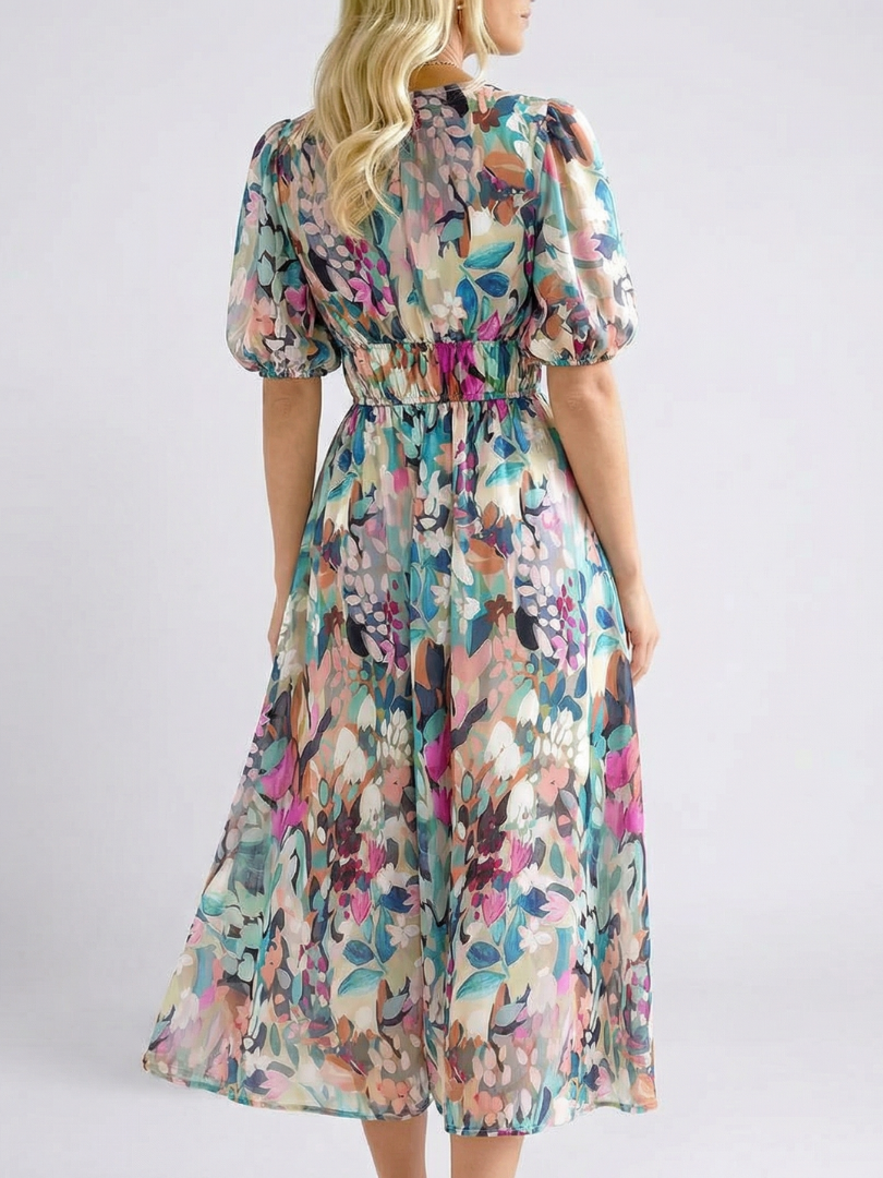 Eulalie | Robe midi à manches courtes avec taille froncée en V