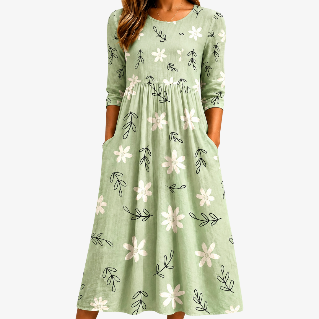 Midi-Kleid mit Salbeiblumen und praktischen Taschen
