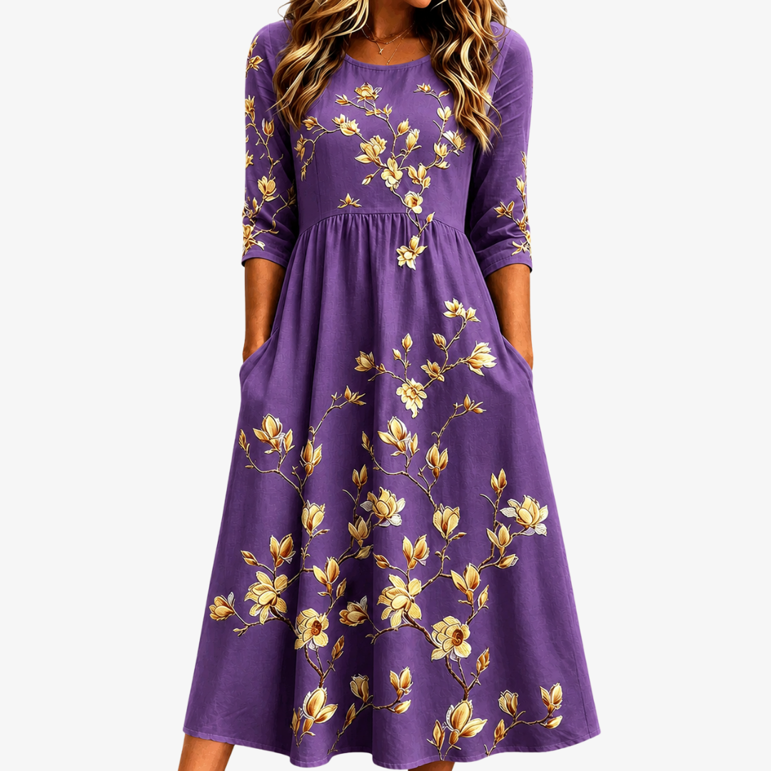 Golden Magnolia Charm Midi Dress with Pocket