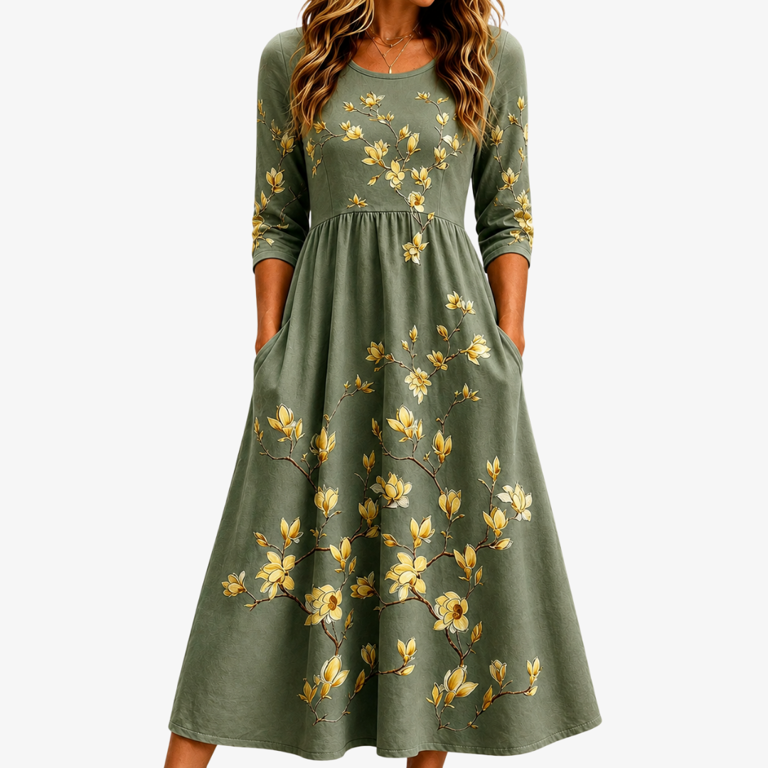 Salbeigrünes Midi-Kleid Grace Blossom mit praktischen Taschen
