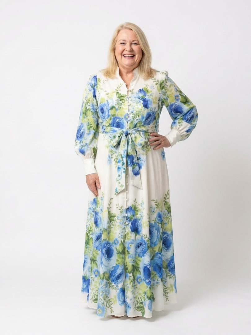 Robe Maxi à Fleurs Harper avec Manches Longues et Boutonnage