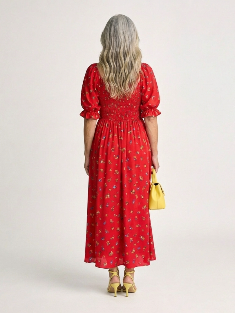 Delphine | Robe Midi à Col Carré avec Manches Bouffantes et Motif Floral