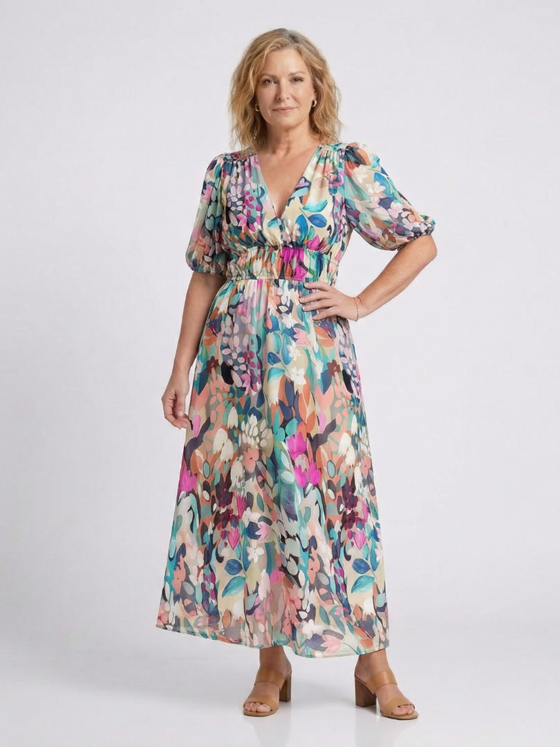 Eulalie | Robe midi à manches courtes avec taille froncée en V