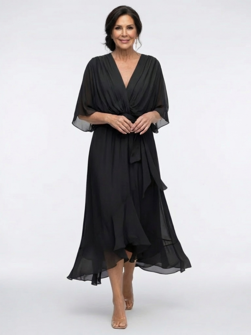 Elysia | Robe Midi Drapee à Encolure en V met Ceinture verstelbaar