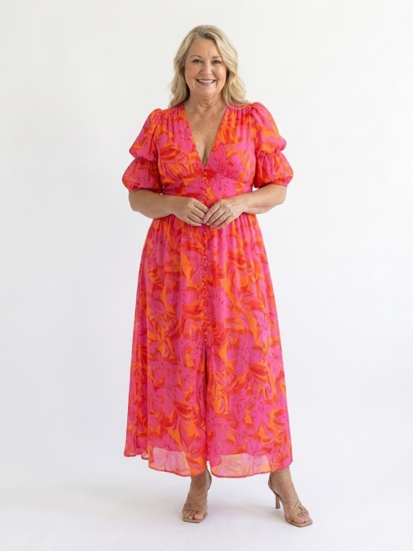 Willow | Robe Midi à Manches Bouffantes et Col en V à Motif Floral