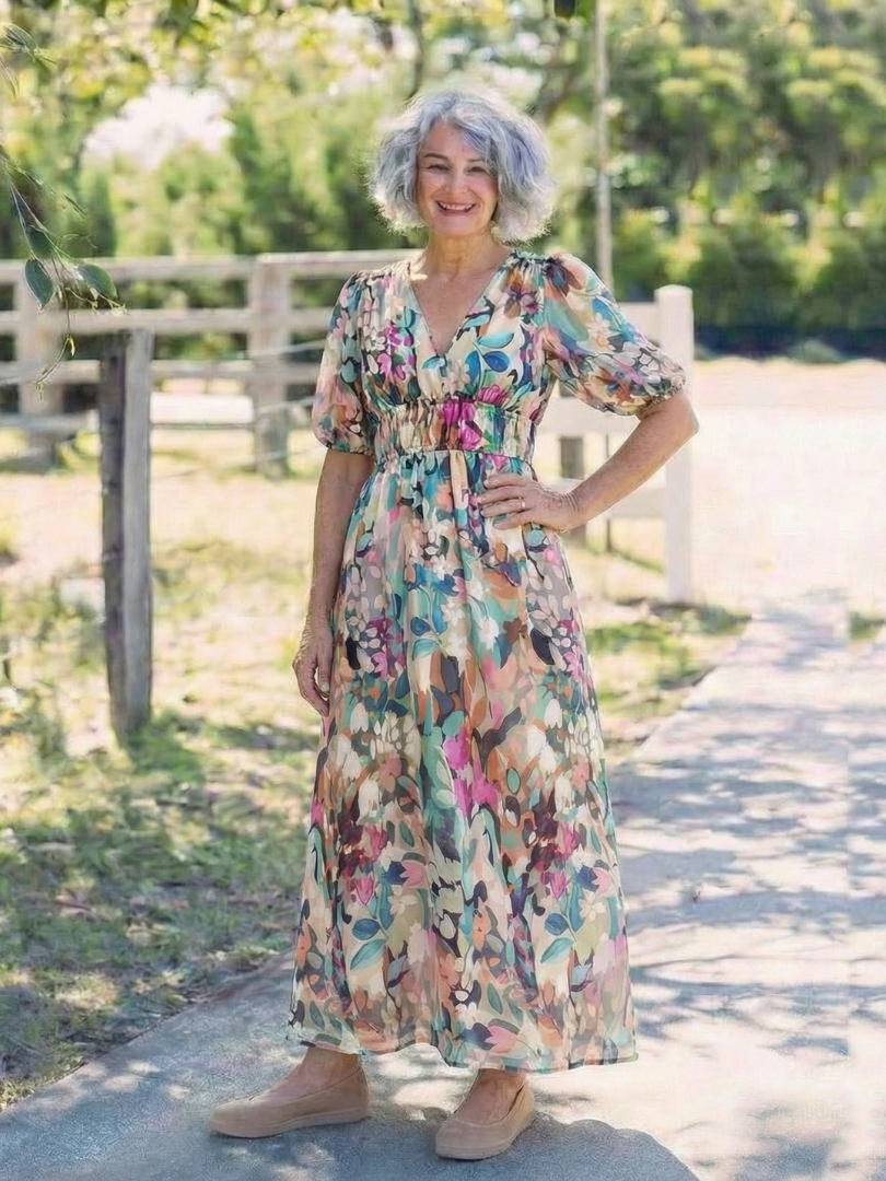 Eulalie | Robe midi à manches courtes avec taille froncée en V