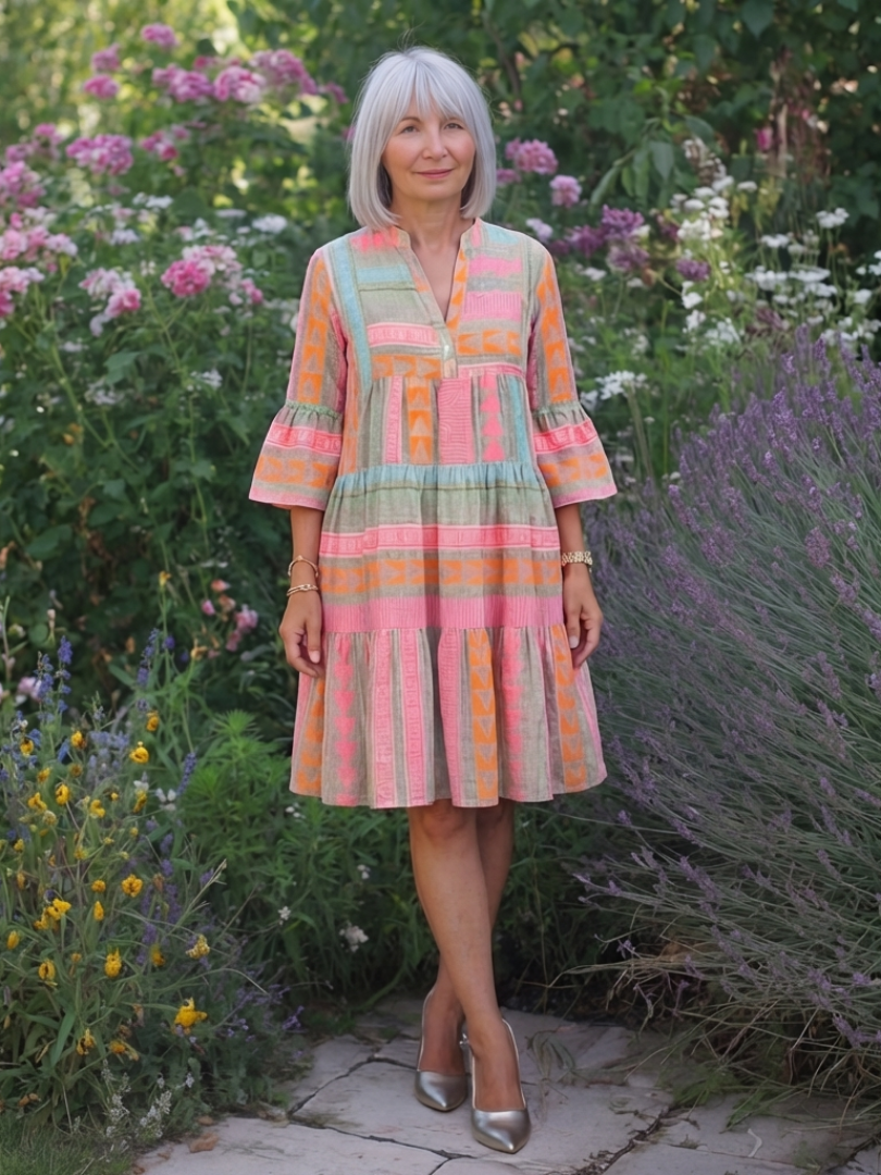 Maelle | Robe Géométrique à Col en V, Longueur Genou