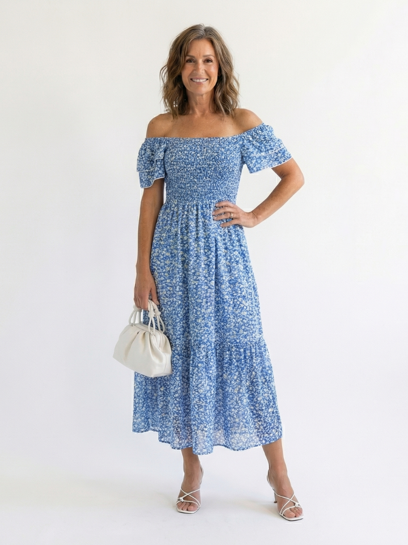 Odette | Robe Midi Fleurs Smockée à Épaules Dégagées