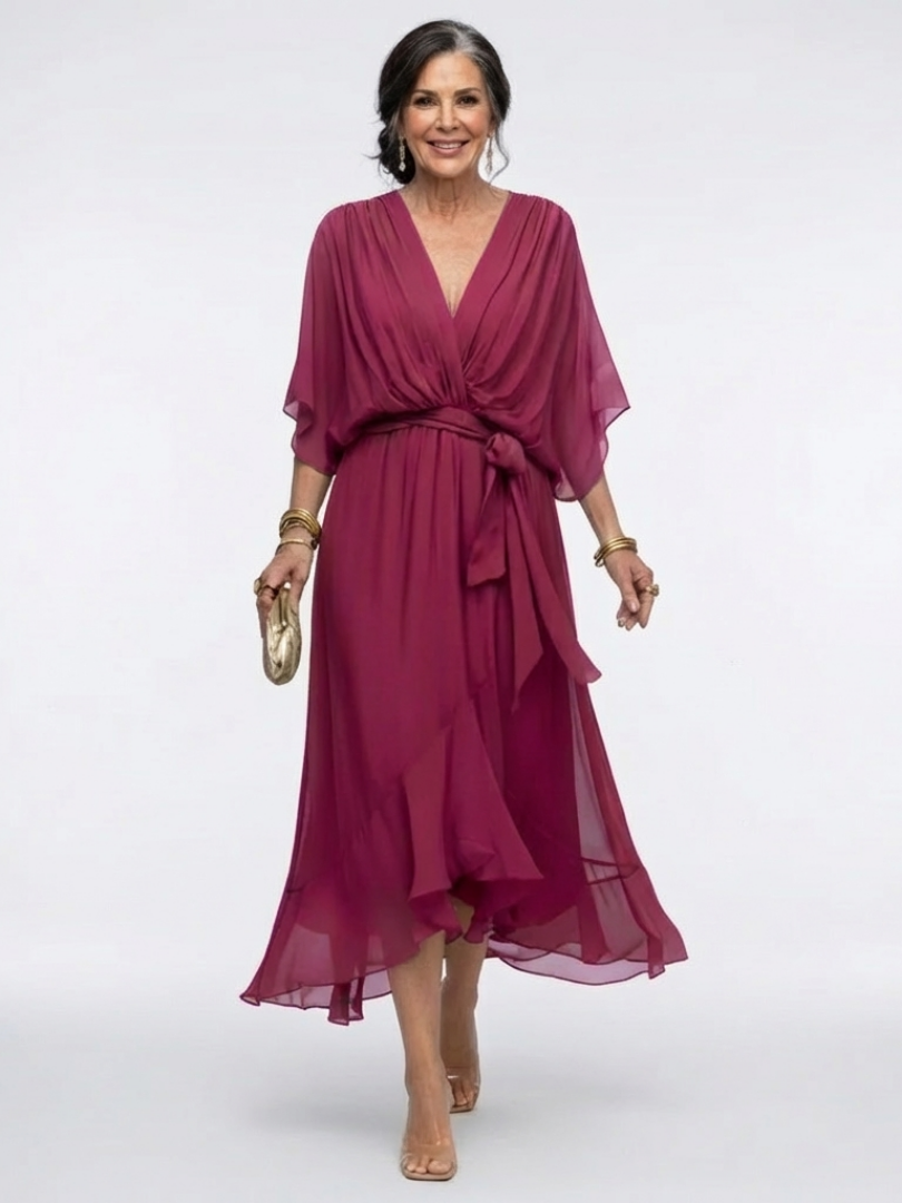 Elysia | Robe Midi Drapee à Encolure en V met Ceinture verstelbaar