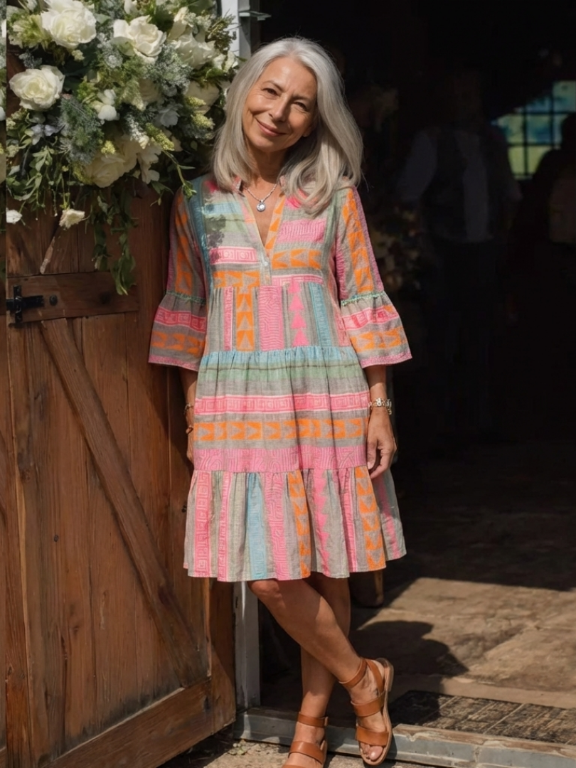 Maelle | Robe Géométrique à Col en V, Longueur Genou