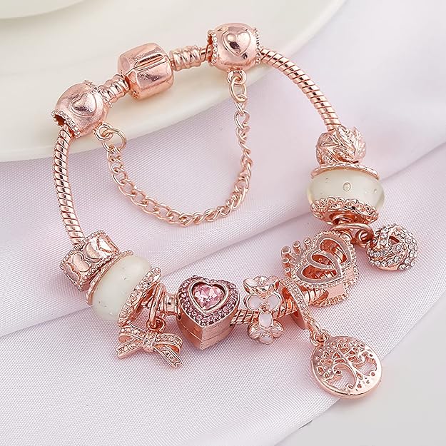 Rosé Traumfänger Armband mit silbernen Anhängern