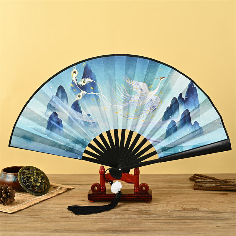 Vintage Buddha Stones Phoenix Nine-Tailed Fox Flower Bamboo Tiger Handheld Fan with Lotus Tassel
