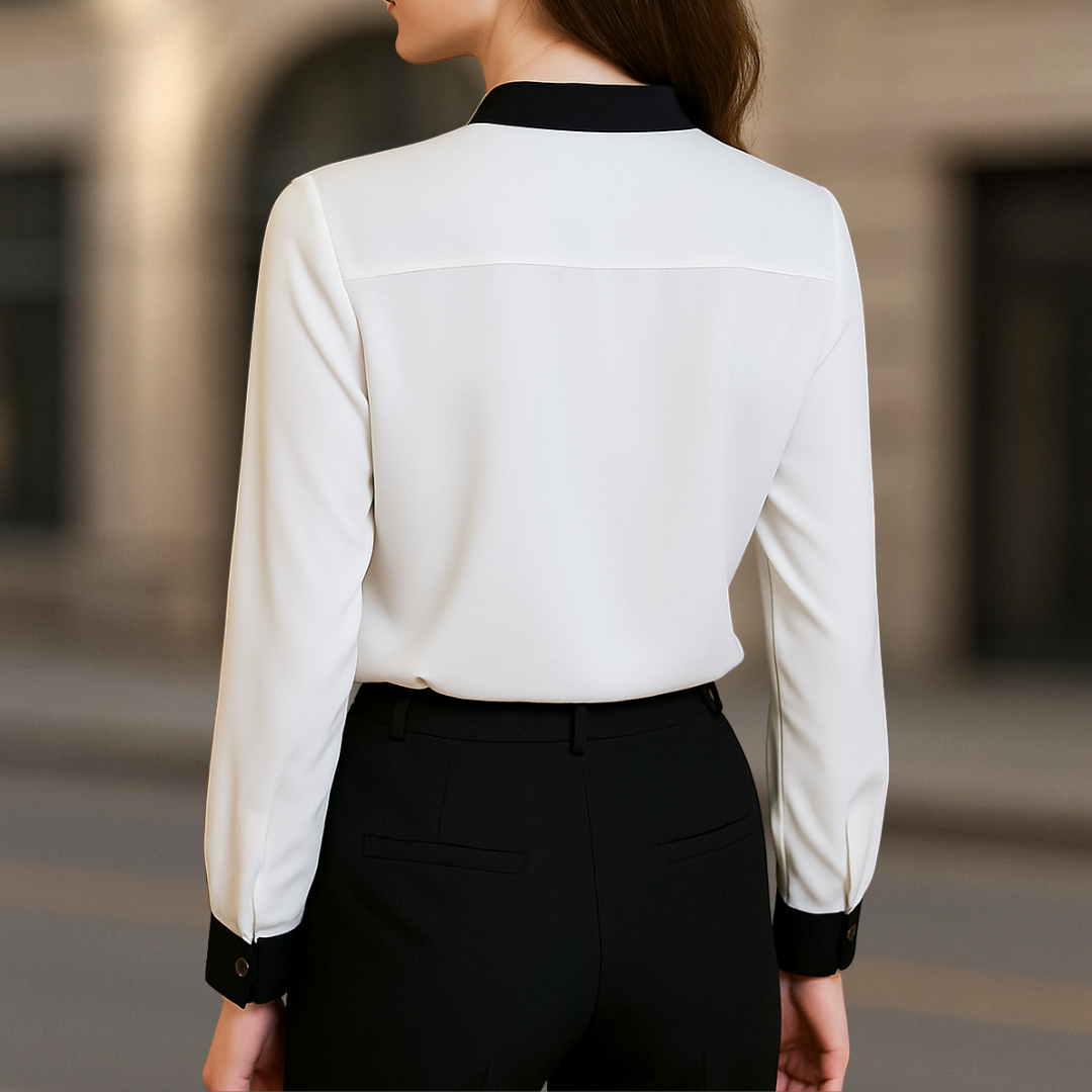 Alice Luxe damesblouse met V-hals en witte en zwarte bies