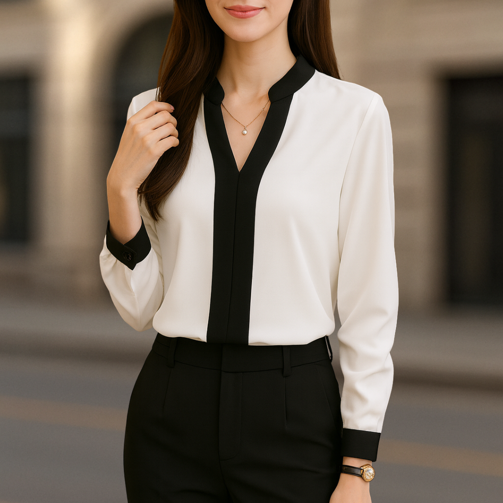 Alice Luxe damesblouse met V-hals en witte en zwarte bies