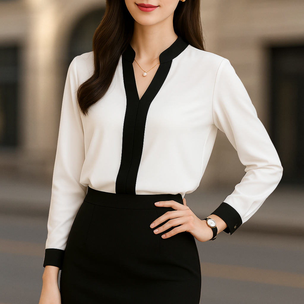 Alice Luxe damesblouse met V-hals en witte en zwarte bies