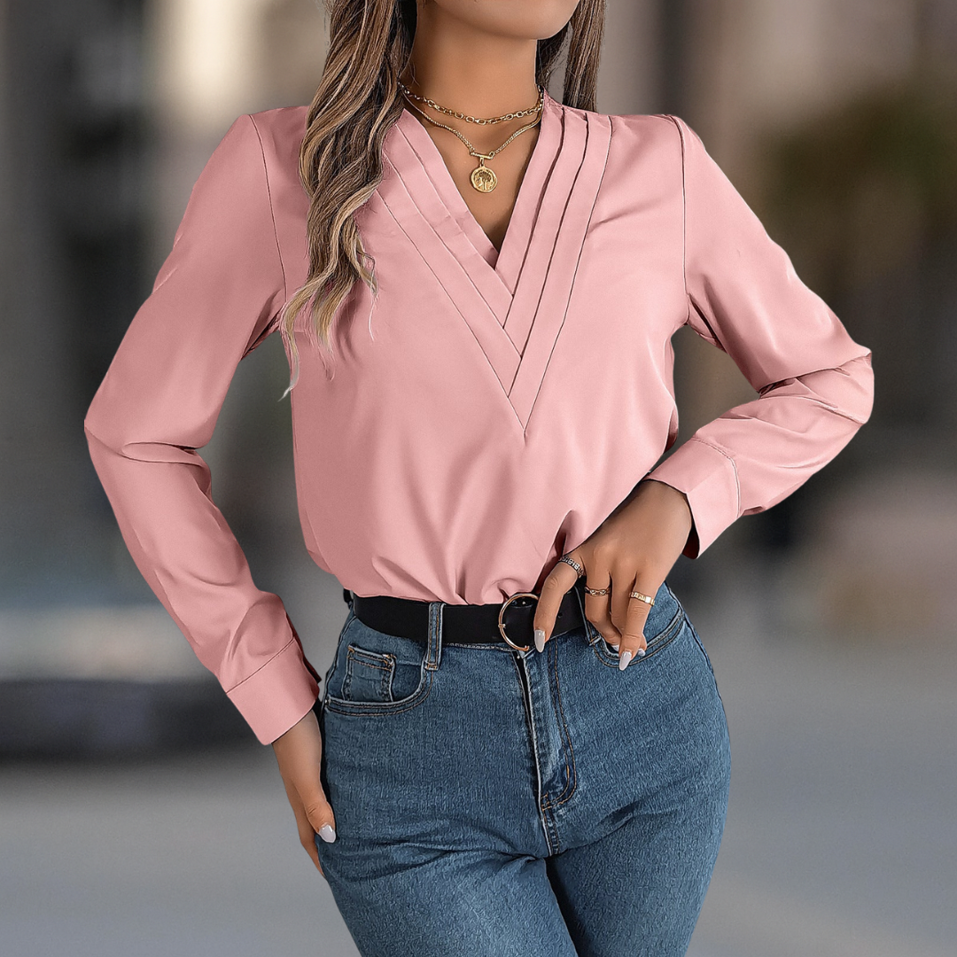 Anastasia Luxe geplooide blouse met lange mouwen en V-hals voor dames