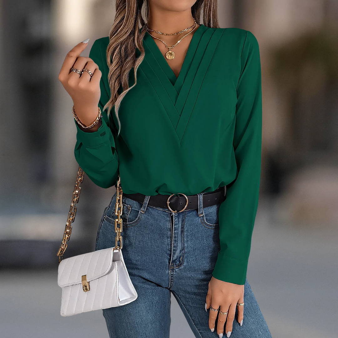 Anastasia Luxe geplooide blouse met lange mouwen en V-hals voor dames