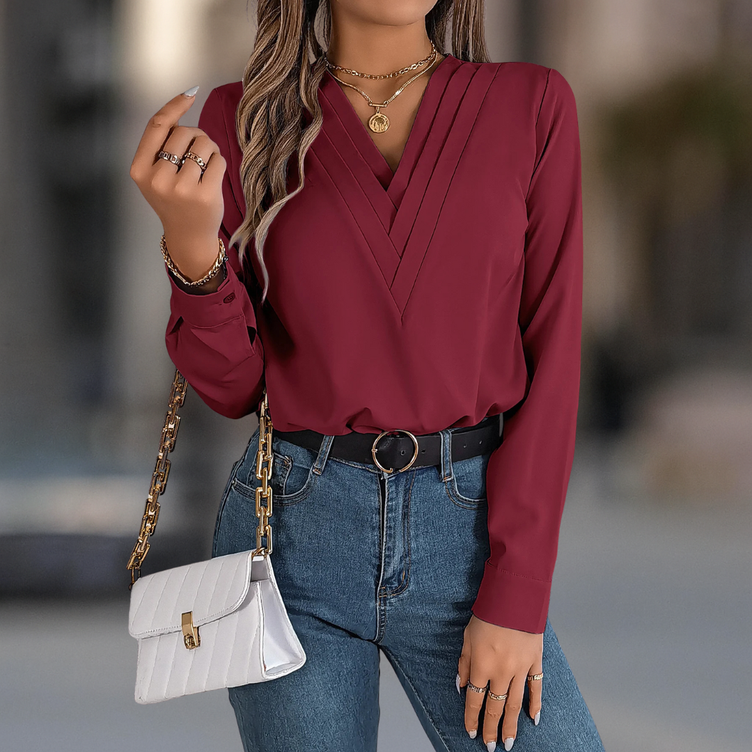 Anastasia Luxe geplooide blouse met lange mouwen en V-hals voor dames