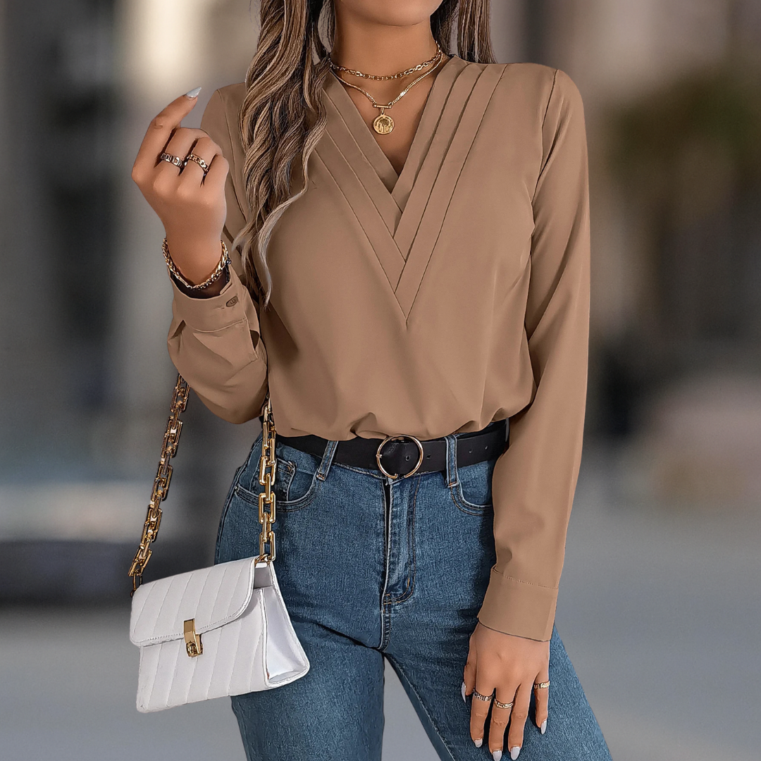 Anastasia Luxe geplooide blouse met lange mouwen en V-hals voor dames