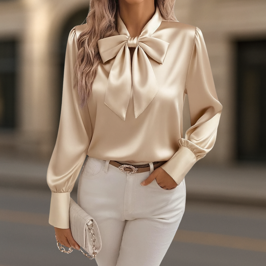 Aurora Luxe satijnen damesblouse met zijdeachtig strikdessin