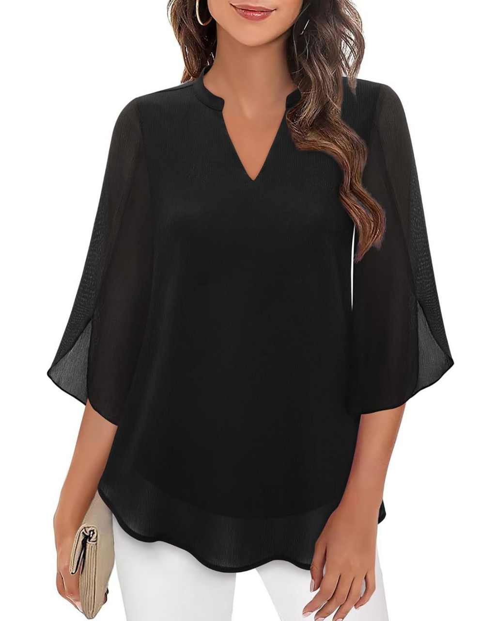 Camila Elegante damesblouse van soepel vallend chiffon met V-hals