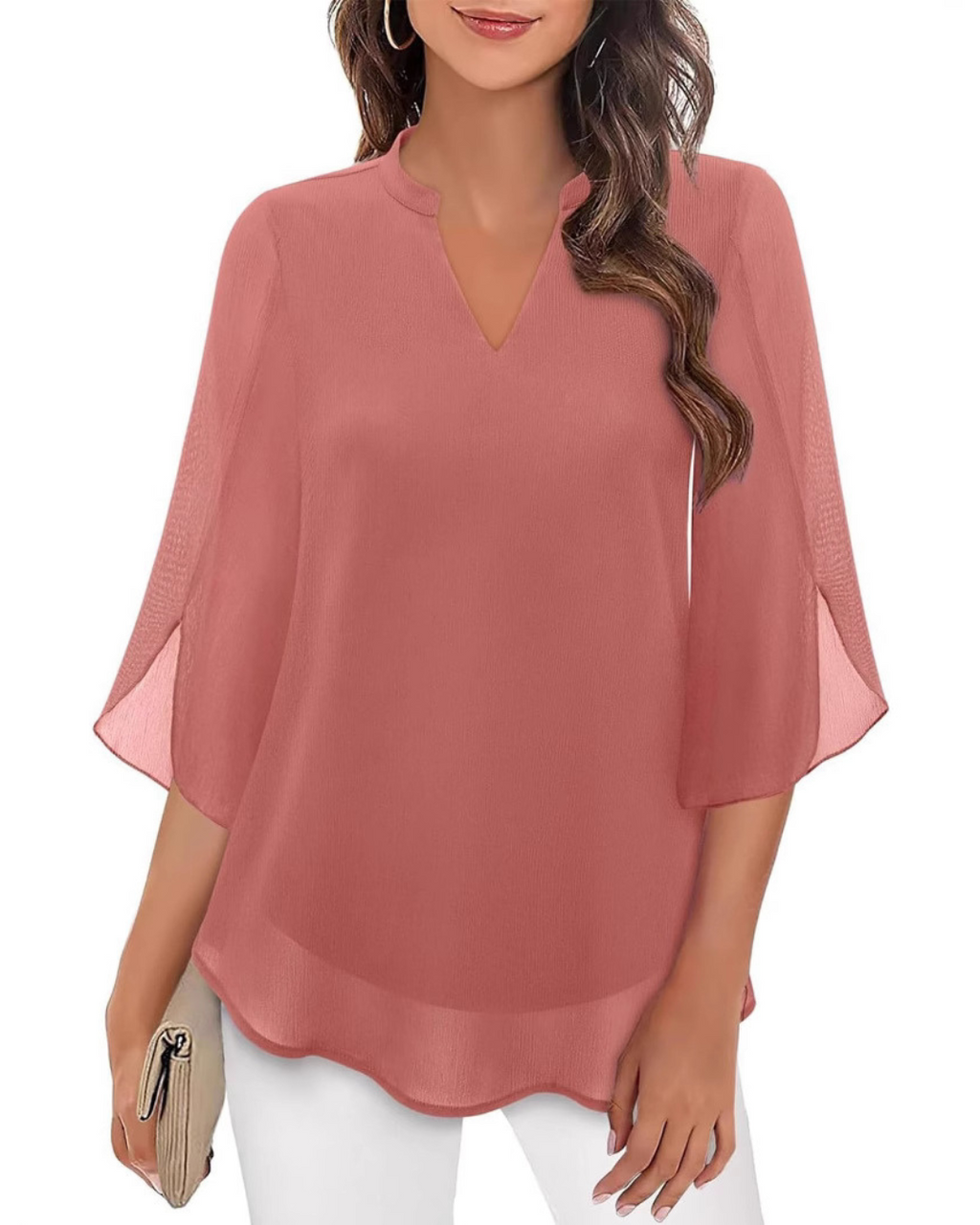 Camila Elegante damesblouse van soepel vallend chiffon met V-hals