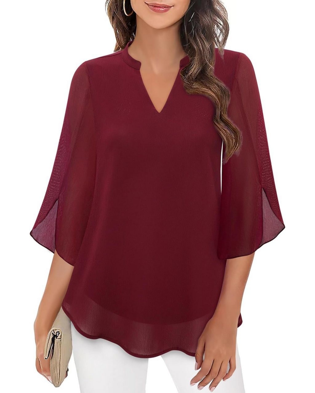 Camila Elegante damesblouse van soepel vallend chiffon met V-hals