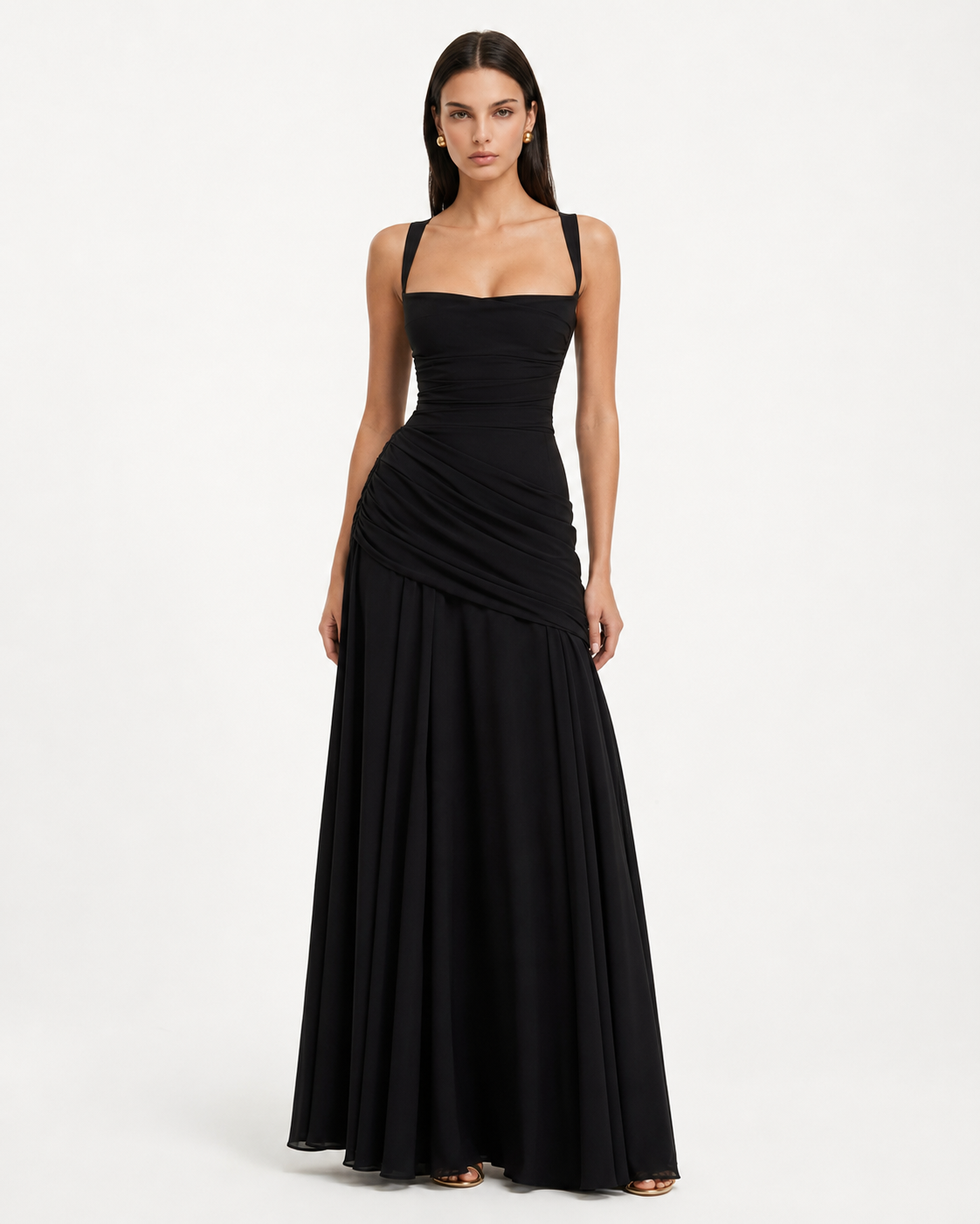 ENIE | Maxikleid mit gerafftem, eckigem Dekolleté